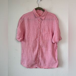 Celio 100% Linen Short Sleeve Button-Up Shirt Pink Micro Check Sz L Preppy Beach